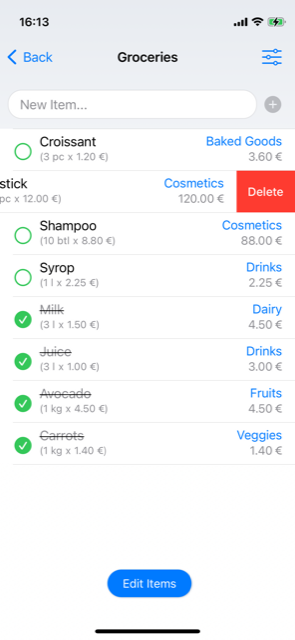 delete items light mode